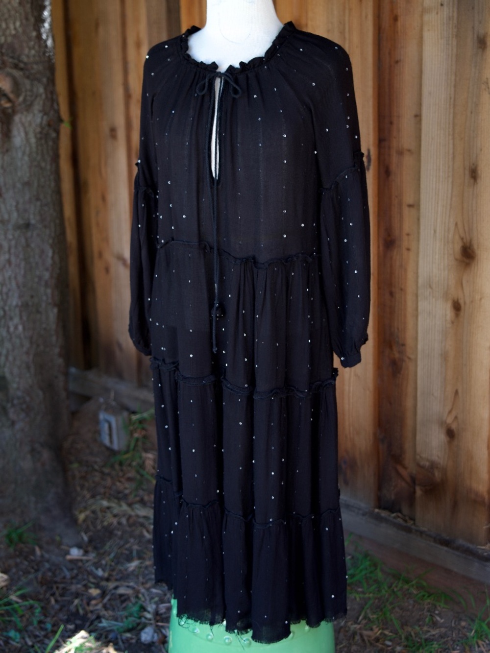 Z&L Black & Silver Sequin Tiered Boho Long Dress Woman's S
